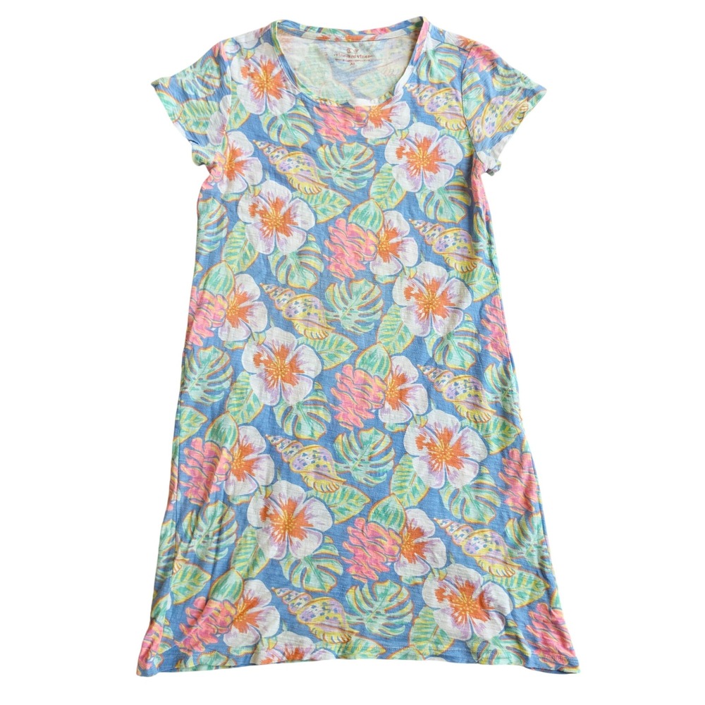 Vineyard Vines Womens Tropical Floral Seashell Cotton T-Shirt Dress Blue XS